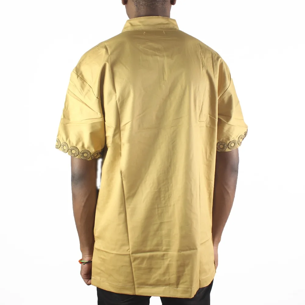 Золотое Солнце вышивка мужская Африканская Этническая футболка с короткими рукавами Мандарин шеи Туника Футболка для лета