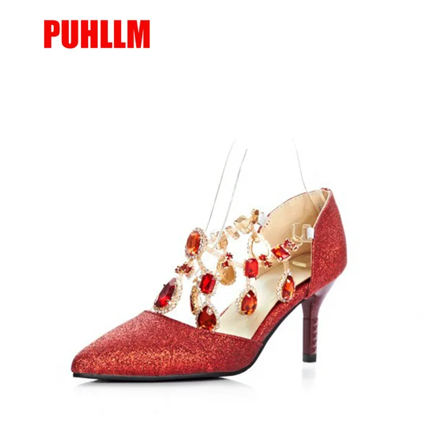Foreign Trade AliExpress Wedding Shoes Red Crystal Shoes Sequin Pointed
