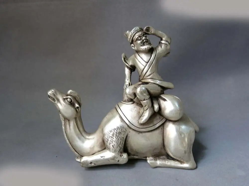 

DS China Silver Feng Shui carved money bag buddha on camel sculpture Statue