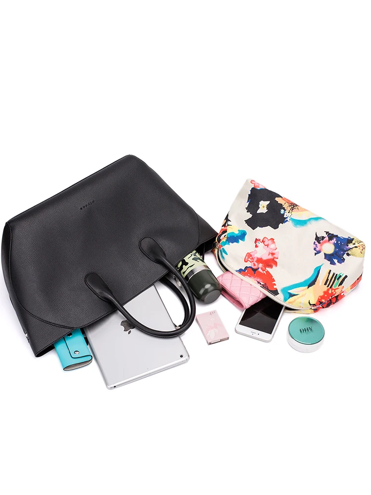 Miyaco Brand Women Handbags Dress Ladies Bag Small Casual Tote Black Leather Top-Handle Bag with Floral Pouch