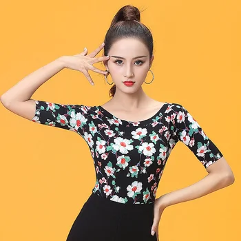 

2019 New Sexy Printing Latin Dance Tops For Women Half Sleeves Slim Performance / Practice Dance Tops Cha Cha Samba Rumba DL3945