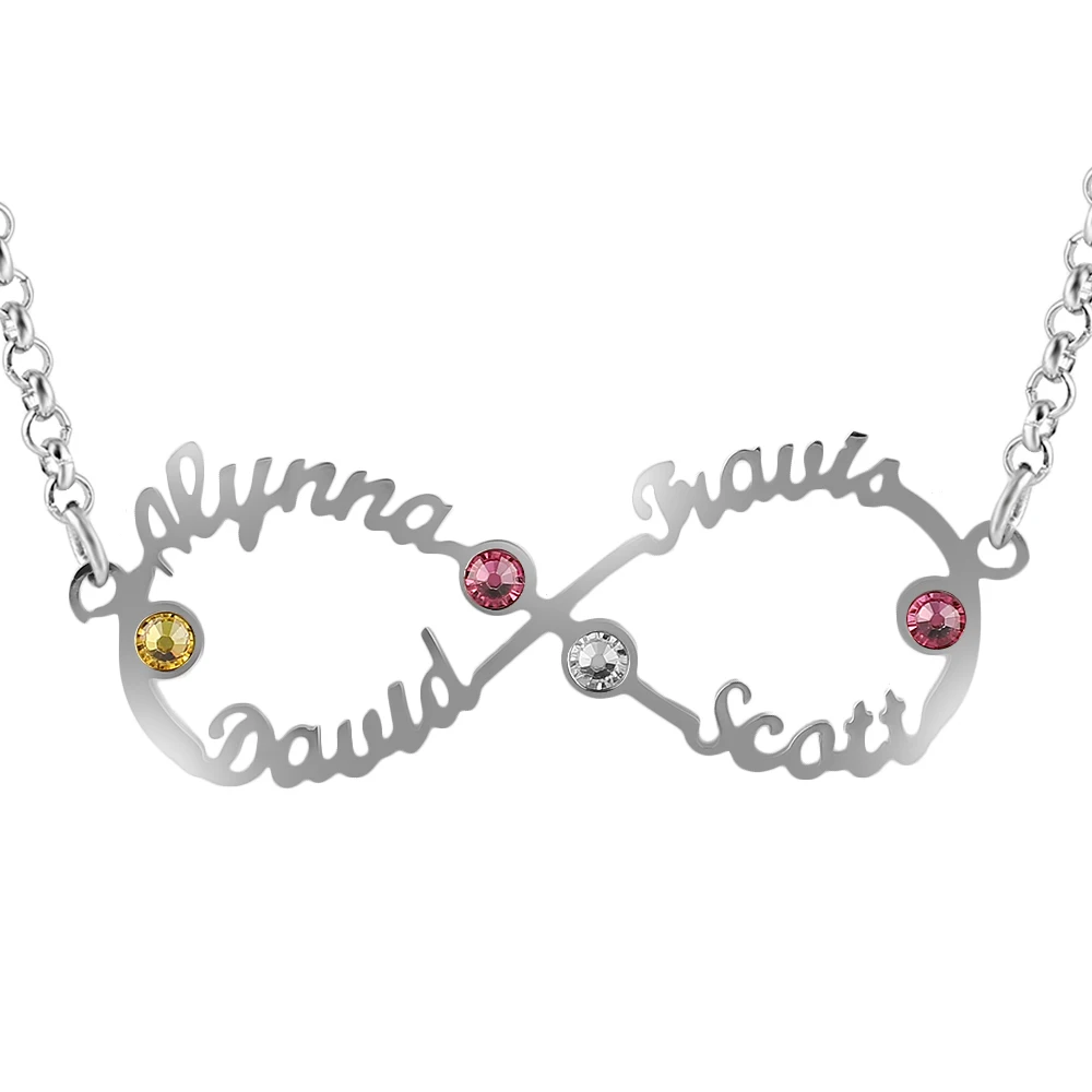 

Personalized Silver Infinity 4 Names Necklace with Birthstones Titanium steel Mother's Necklace Birthstone Jewelry Pendant#SS40