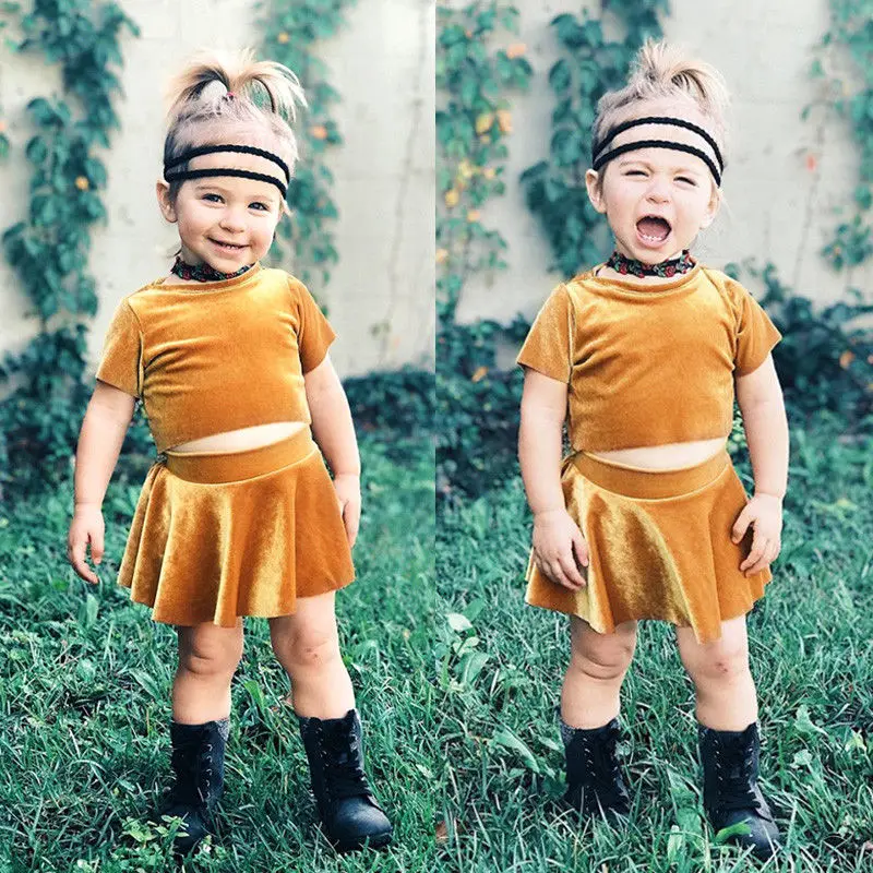 Fashion Kids Baby Girl Velvet Crop Top T shirt Skirt Outfit Clothes Set