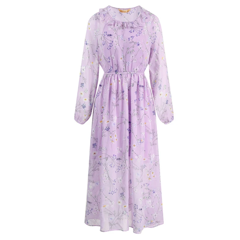 Женское цветочное шифоновое платье ELF SACK, лавандовый богемный женский комплект из 2 частей, дамские уличные платья с оборками и круглым вырезом для лета - Цвет: Лаванда