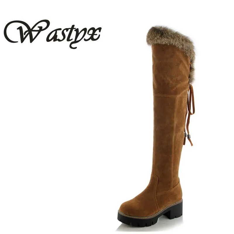 

2016 new round toe over the knee boots Fashion furry winter boots platform low heels warm woman snow boot big size 34-43