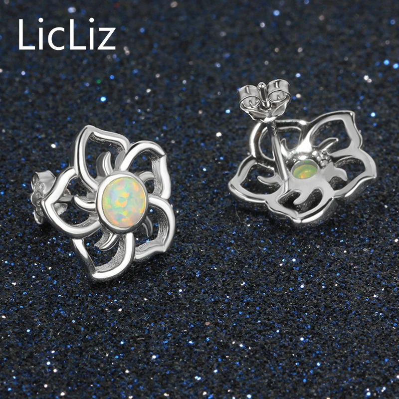 Женские серьги гвоздики LicLiz 925 пробы с серебристым цветком 4 мм Белый огненный
