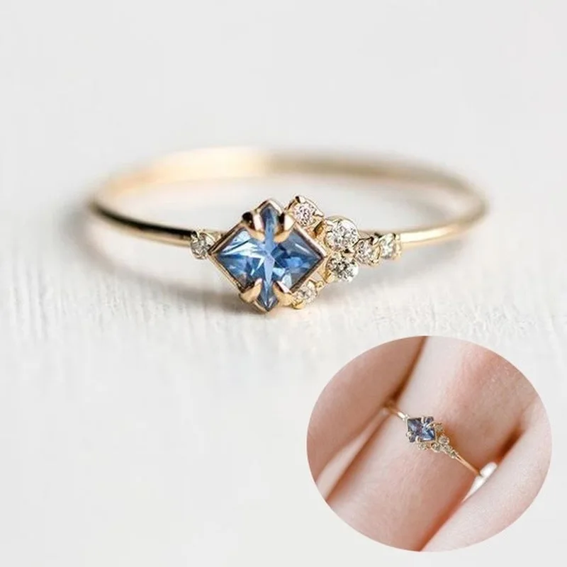 

Tisonliz Dainty Square Zircon Blue White Crystal Band Rings Gold Wedding Rings For Women Engagement Rings Bague Femme Jewelry