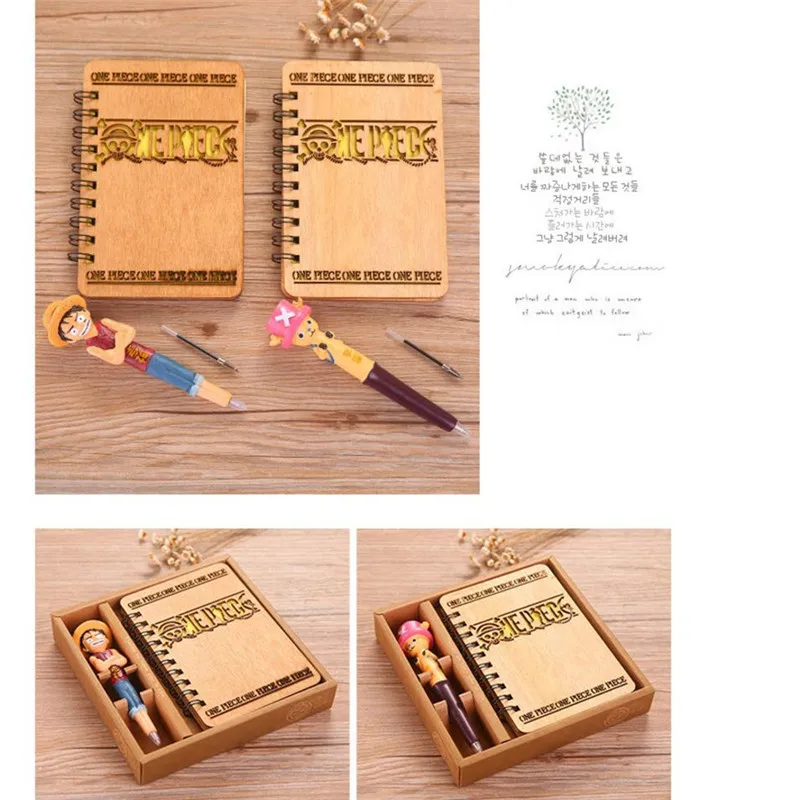 

One Piece Anime Notebook With Pen Set Luffy/Chopper Wooden Diary Day Book Journal Stationery School Supplies Gifts For Kids 17cm