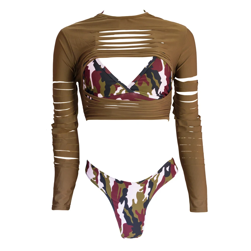 3 Pcs Camouflage Swimsuit Thong Bikini Sexy Bra Hollow Long Sleeve Swimwear Camping Biquini Swim Clothing Plus Size Femme 2019 3 Pcs Camouflage Swimsuit Thong Bikini Sexy Bra Hollow Long Sleeve Swimwear Camping Biquini Swim Clothing Plus Size Femme 2019
