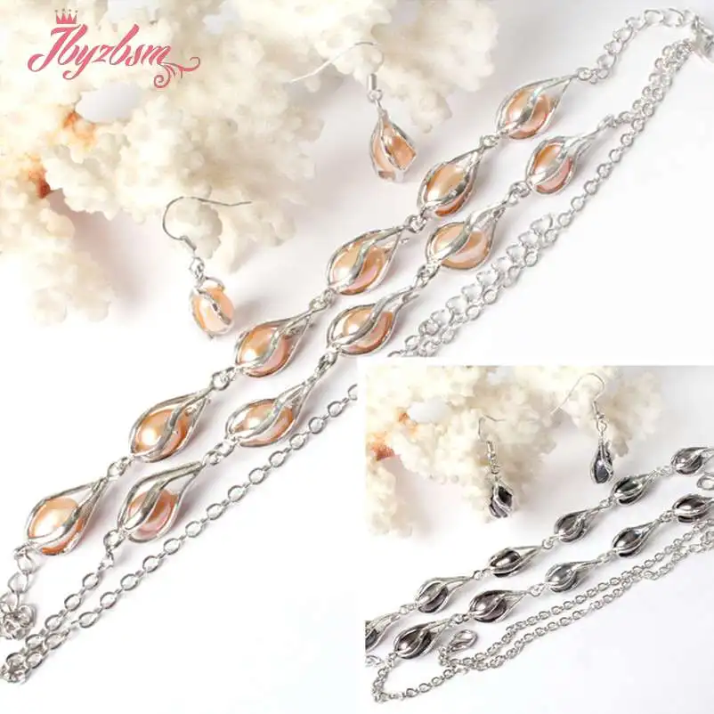 Free Shipping 7-9x9-10mm Freshwater Pearl Natural Stones White Silver Plated Bracelet Earring Necklace 1 Set | Украшения и