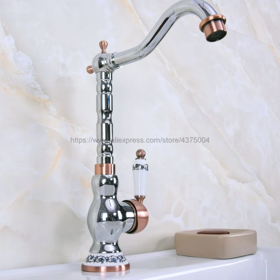 Bathroom Sink Faucet Polished Chrome And Red Copper 360 Rotable Basin Faucet Water Tap Single Handle Cold and Hot Water Nnf908