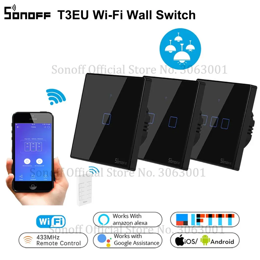 

SONOFF T3EU TX Smart Wifi Wall Touch Switch Black With Border Smart Home 1/2/3 Gang 433 RF/Voice/APP Control Works With Alexa