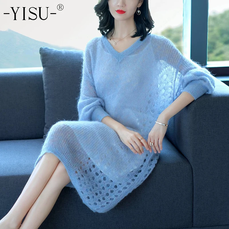 YISU, Женский мохеровый модный свитер, новинка, Осень-зима, вязаный Топ, женские вязанные пуловеры, большой размер, длинный шерстяной свитер