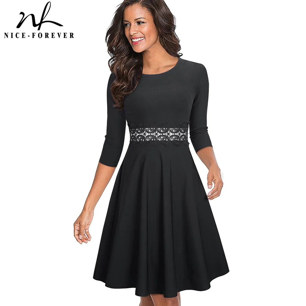 

Nice-forever Vintage Elegant Embroidery Lace Patchwork Round Neck vestidos Pinup Business Party Swing Women Dress btyA115