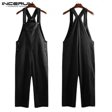 INCERUN, мужской комбинезон, уличная одежда, с карманами, одноцветные штаны, для бега, свободные, с ремнем, подтяжки, мужские комбинезоны, Harajuku 5XL