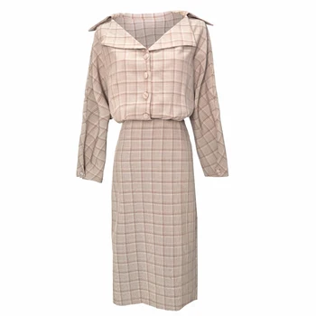 

Autumn / winter new fashion elegant plaid dress retro 50s60s literary long-sleeved Slim temperament Hepburn style party dress