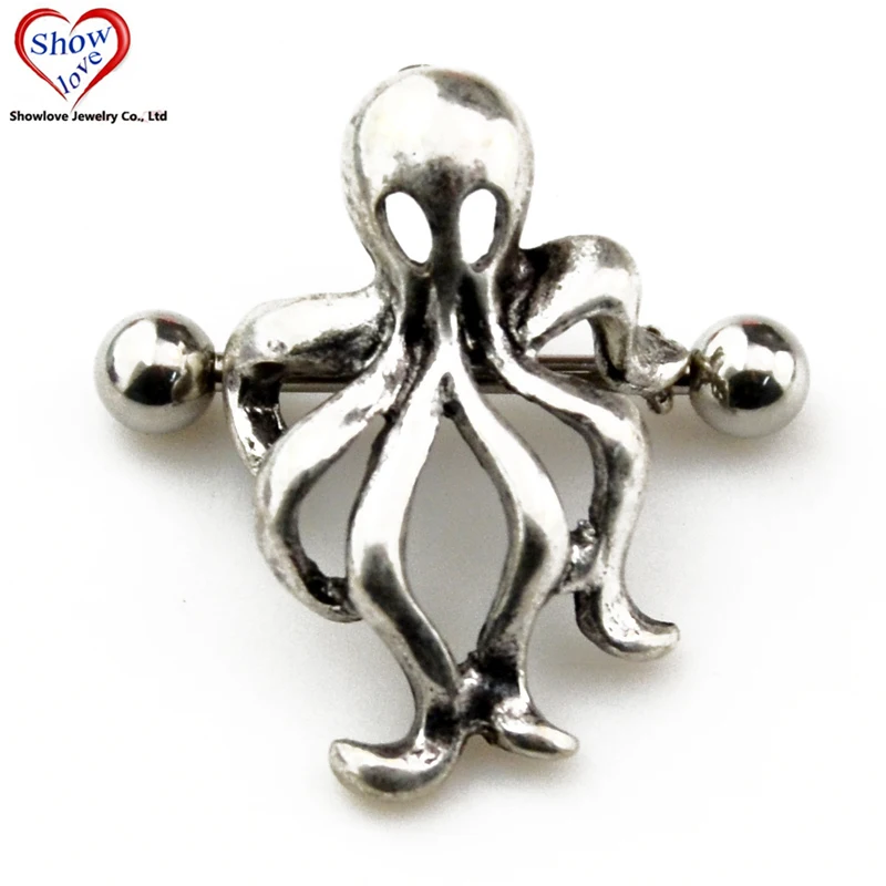 

Showlove-PAIR Surgical Steel Octopus Nipple Shield Barbell Rings Piercing Nipple Bars Body Jewelry