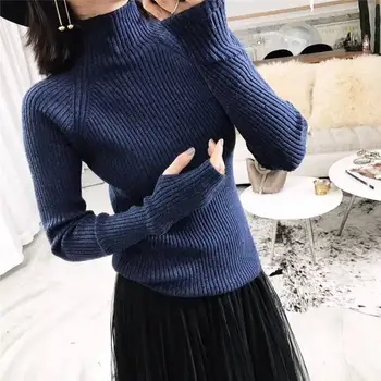 

2019 New Autumn Winter Women's Half-high collar Long-sleeved Knitted Sweater Pullover For Gilrs Tops Outerwear x333