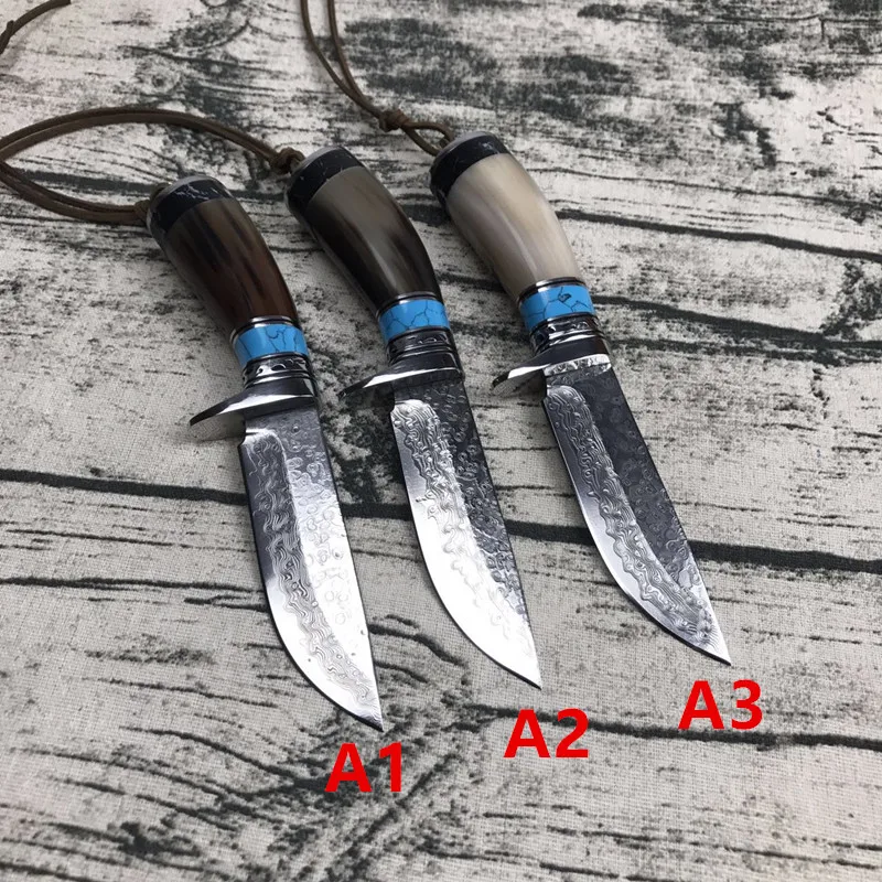 

60 HRC VG10 Handmade Damascus hunting straight knife rosewood bone turquoise handle with cowhide leather sheath