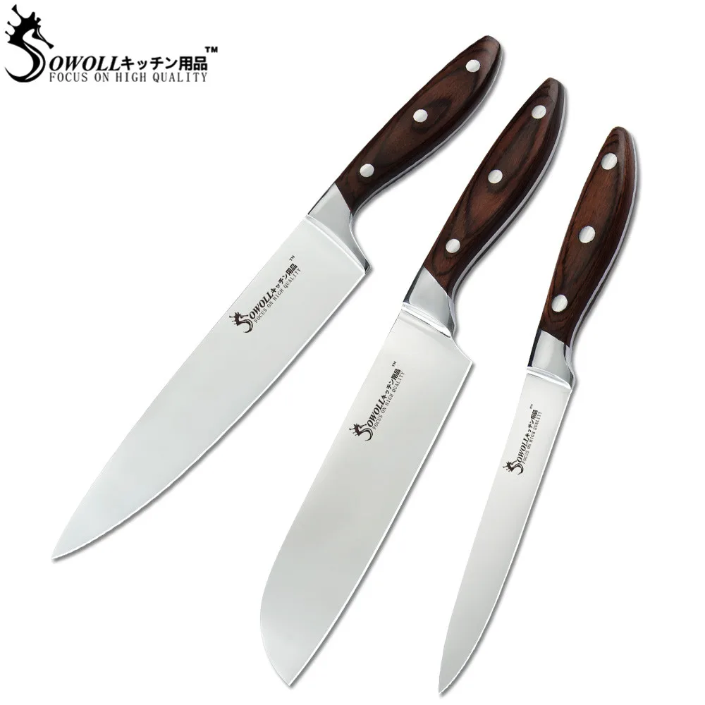 

Sowoll Kitchen Knives 7CR17 Stainless Steel Knives Set Full Tang Handle 5 Inch Utility 7 Inch Santoku 8 Inch Chef Cooking Knife