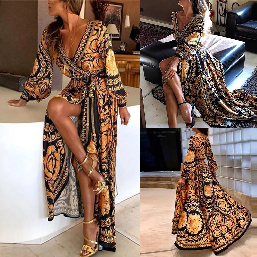 

Laamei 2019 New Style Print Women Dress Sexy Neck Glitter Fashion Deep V Neck Women Dress Formal Long Dress Sexy Clubwear