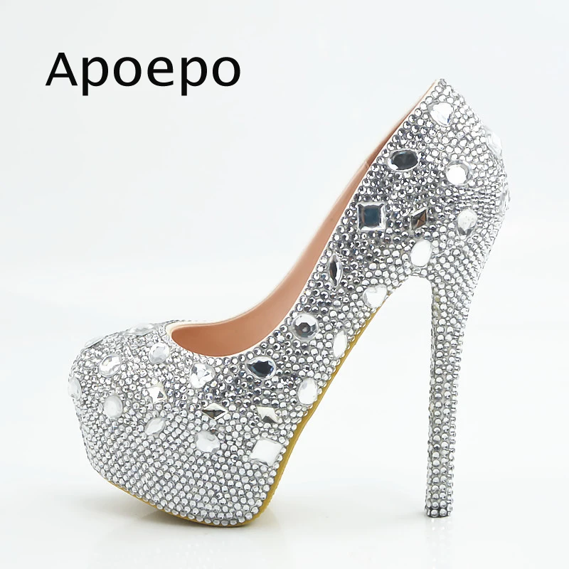 

New Hot Selling Crystal Embellished Wedding Heels Slip-on Platform Pumps For Woman Handmade Woman High Heel Shoes Sexy heels