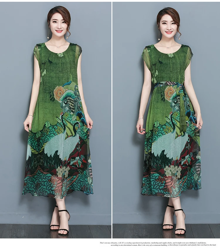 Весенне-летнее зеленое винтажное платье с цветочным принтом, женское шелковое платье с круглым вырезом и коротким рукавом, с поясом, до середины икры, Vestidos, большой размер 4XL