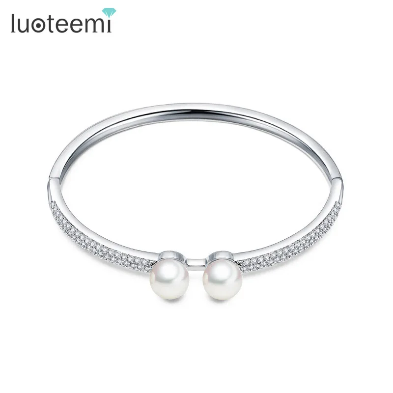 

LUOTEEMI New Korea Style Cuff Bracelet Micro Paved Tiny CZ with Two Imitation Pearls Bangles Pulseiras Jewelry for Women Party