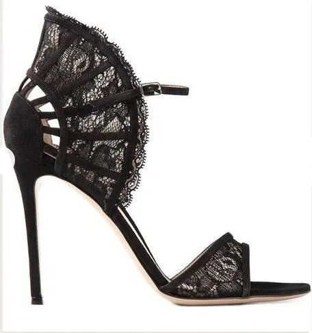 Free-Ship-Women-Black-Lace-High-Heel-Pumps-Fan-shaped-Ankle-Strap-Wedding-Dress-Shoes-Cut (2)