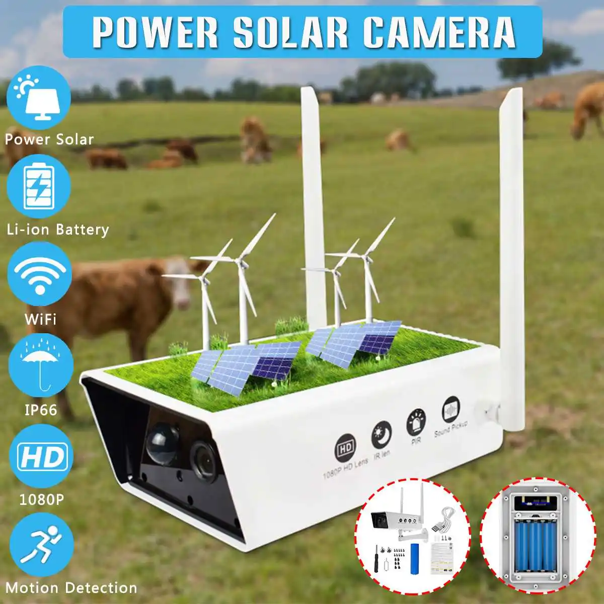 

1080P Solar IP Camera Wifi Outdoor Surveillance Camera Network CCTV Voice Intercom IR Night Vision Wireless Camera Home Security
