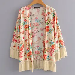 Для женщин кимоно кардиган сладкие цветочные печатных блузку и топы Hisper кисточкой манжеты и подол Открыть стежка в богемном стиле