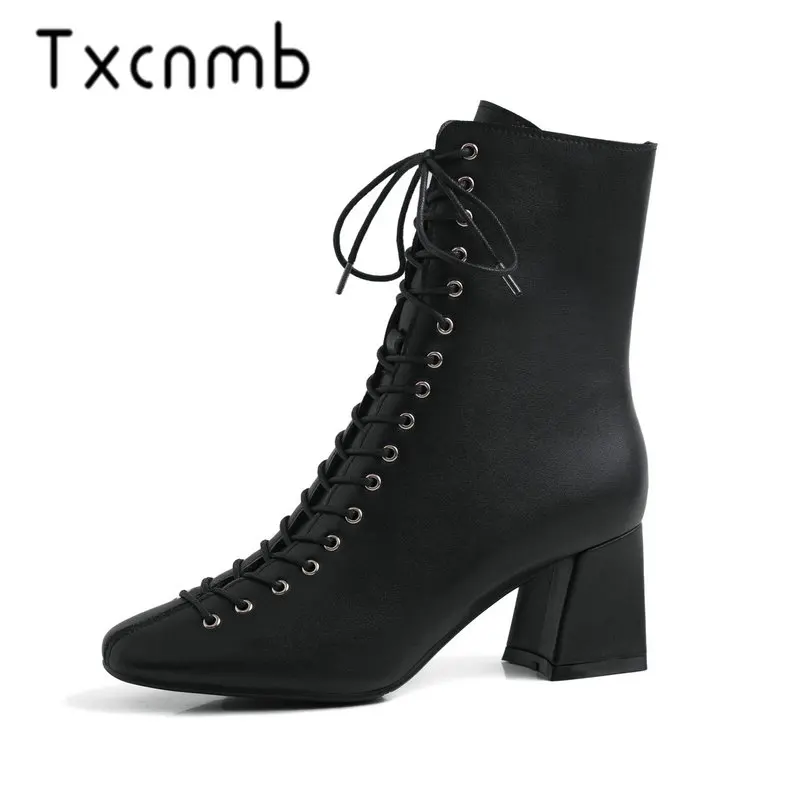 

TXCNMB New Women Genuine Leather Ankle Boots Thick High Heels Autumn Winter Ladies Shoes Woman Sexy Round Toe Boots