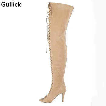 

Real Photo High Quality Over The knee Summer Boots Sexy Lace-up 10 CM High Heel Back Zipper Shoes Hot Selling For Women