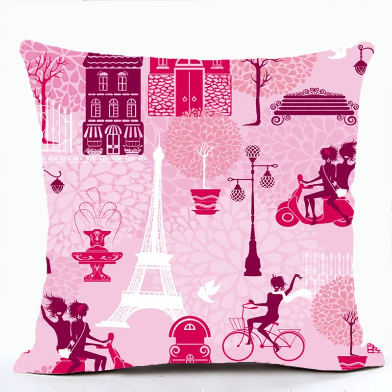 Pink Lolita Style Cushion Cover Romantic France Eiffel Tower Paris Pillow Case Sofa For Car Chair Throw Housse De Coussin | Дом и сад