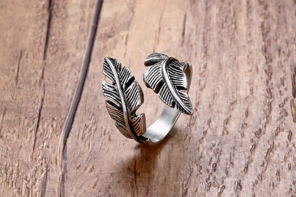 Mens Womens Stainless Steel Ring, Vintage Feather, Black Silver 13