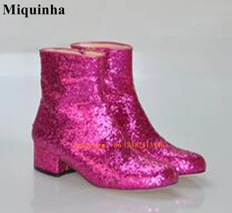 

New Fashion Women Round Toe Sequined Bling Bling Ankle Short Boots Pink Blue Gold Sliver Black Thick Med Heel Boots Glitter Boot