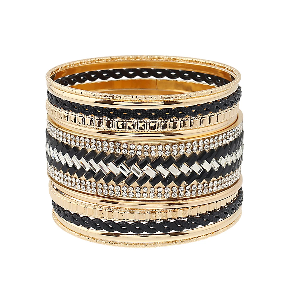 

Kirykle 9pcs/set Simple style black and white acrylic bracelet rhinestone bangles for women multilayer Silver&Gold Pattern Cuff