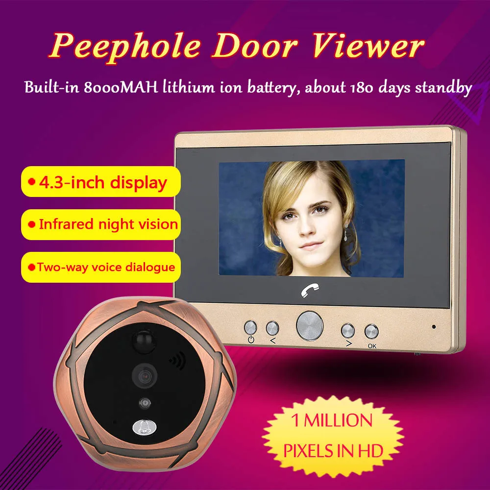 Smart Visual Doorbell Door Peephole Viewer 4.3" Screen Built-in Battery 