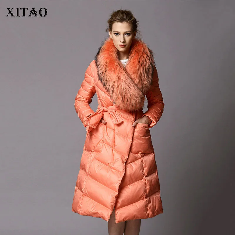 [XITAO] New Women 2018 Autumn Europe Fashion Full Sleeve White Duck Down Solid Color Casual Bandage Long Down Coat ZLL1509
