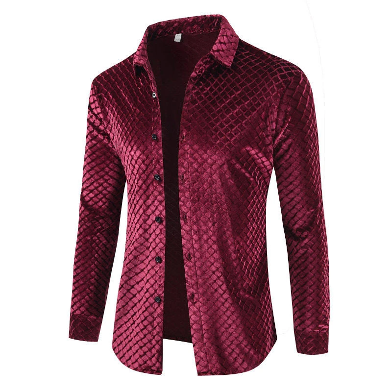 Весна Осень Новые мужские бархатные рубашки в клетку мужские облегающие мягкие удобные рубашки с длинным рукавом повседневные деловые Топы пальто 3XL - Цвет: Фуксия