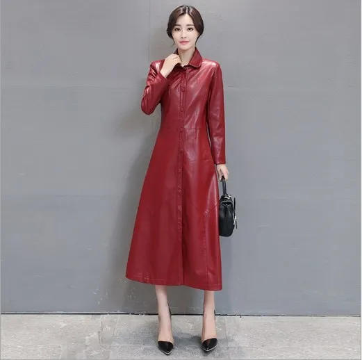Vrouw Fashion Faux Leather Lange Trenchcoat voor Vrouwen Pu Leer Kalf Lengte Overjas Zwart Rood Plus Size Manteau Femme 4XL 5XL Vrouw Fashion Faux Leather Lange Trenchcoat voor Vrouwen Pu Leer Kalf Lengte Overjas Zwart Rood Plus Size Manteau Femme 4XL 5XL
