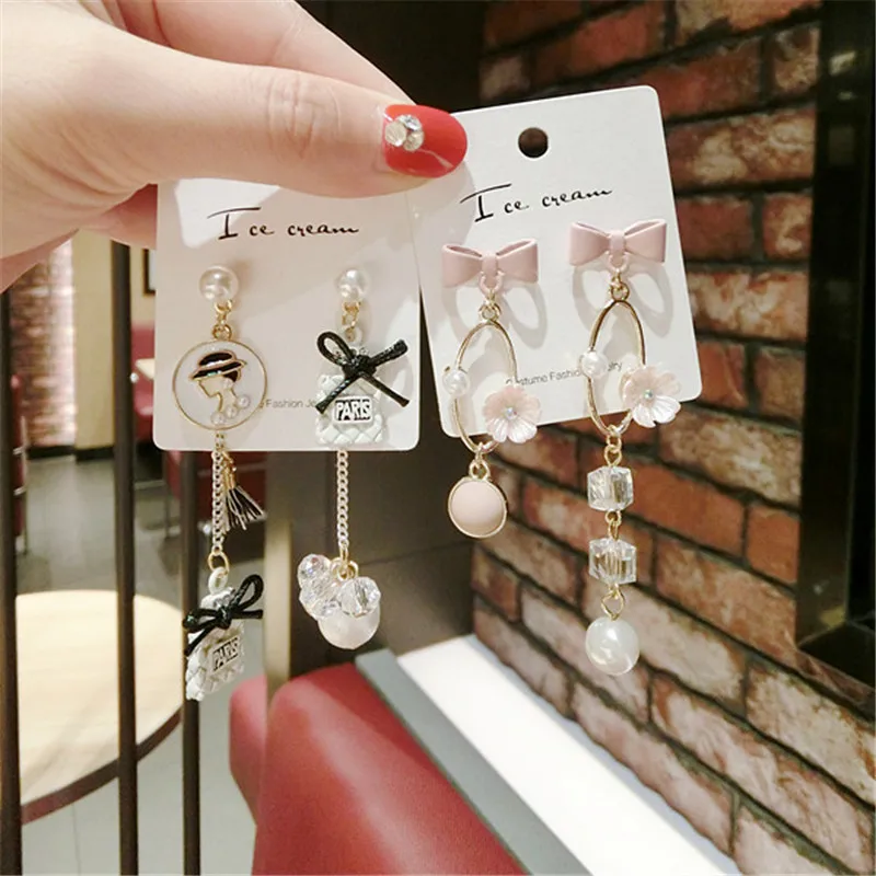 Корейский ручной работы Асимметричный бант кисточкой Кристалл женские длинные висячие серьги Модные ювелирные изделия Accessories-QQD5