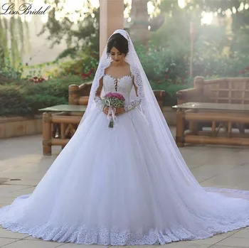 

Elegant Princess Wedding Dresses 2017 Illusion Neck Long Sleeves Ball Gown Chapel Train Lace Tulle Bride Dresses Robe de mariee