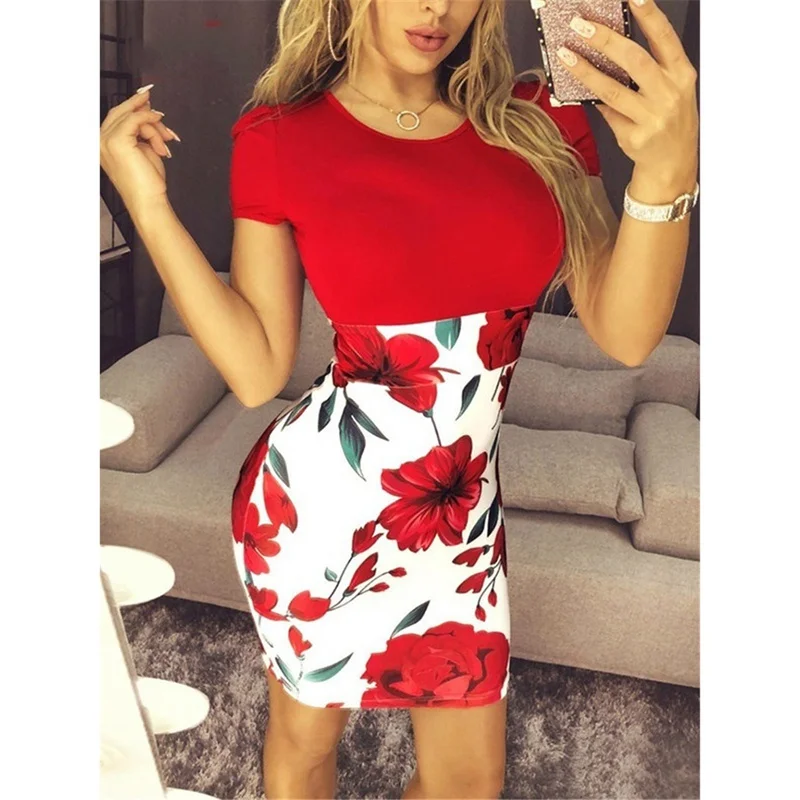 

Women Dresses Short Sleeve Floral Print Patchwork Bodycon Dress Women Slim Sexy High Waist Party Pencil Dress O Neck Vestido