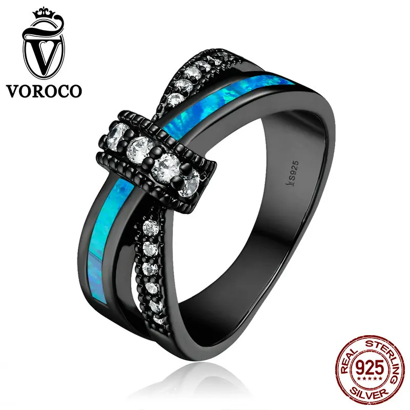 

VOROCO Authentic 925 Sterling Silver Clear CZ Geometric Opal Gem Blue Finger Rings for Women Wedding Jewelry Gift VSR068