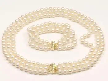 

3 ROW 18" AAA 9 MM WHITE PEARL NECKLACE BRACELET YELLOW CLASP