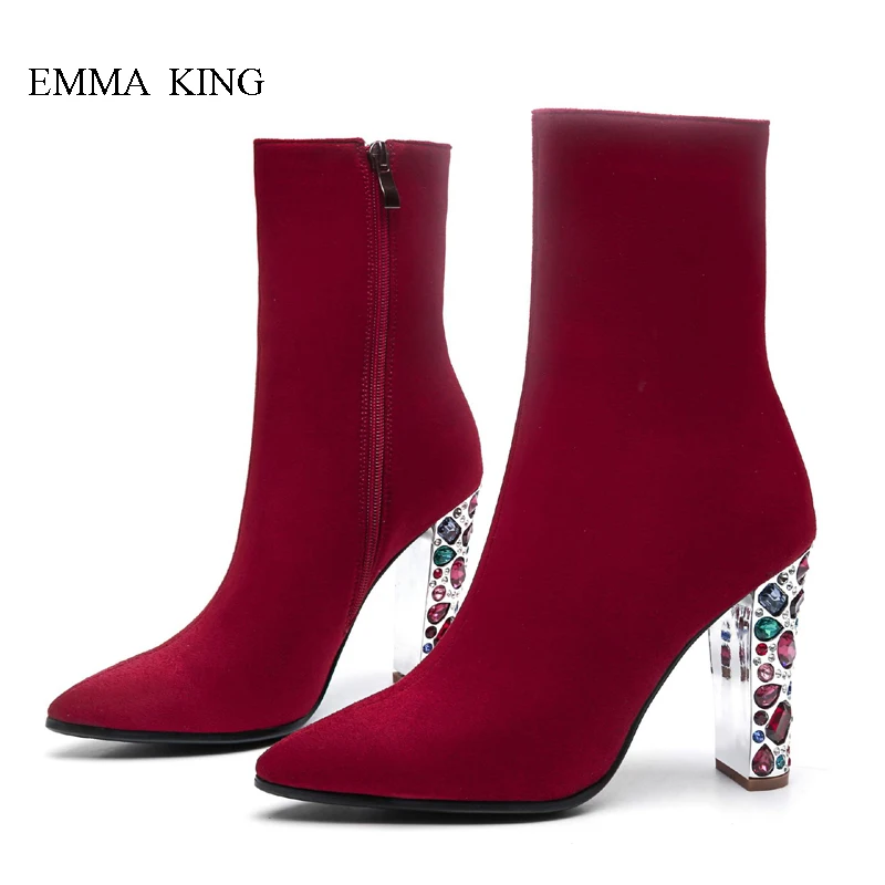 

New Autumn Winter Mixed Colors Crystal Decorated 12 CM Square High Heels Ankle Boots for Women Zipper Pointed Toe Ladies Shoes