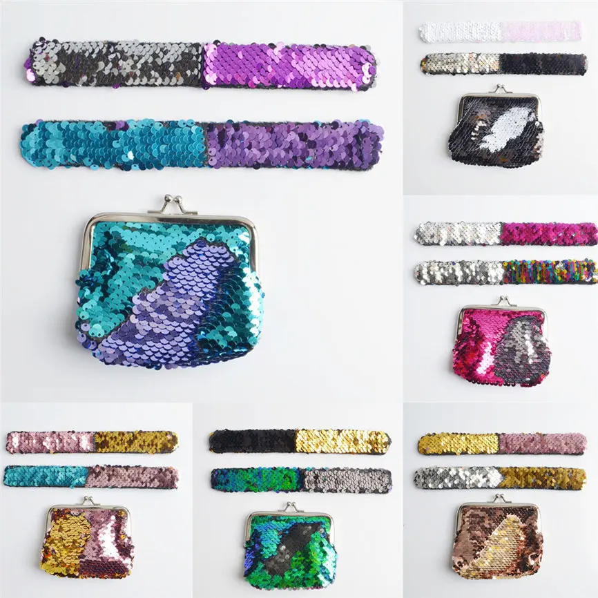 

Wallet Girl's Children Gift Two-color Reversible Sequins Patted Bracelets Coin Purse Set Wallet Fation Casual Short Wallet #35