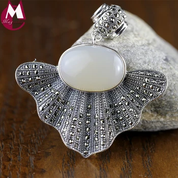 

big white/red natural chalcedony 60mm geometry gemstone jewelry real 925 sterling silver long sweater necklaces pendants women