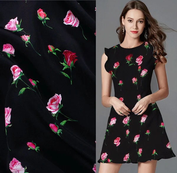 

Digital printing rose design on black bottom silk Crepe DE chine fabric,SCDC897